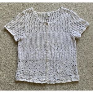 Christopher & Banks Hand Crocheted Button Front Sweater Top Womens M White Ramie